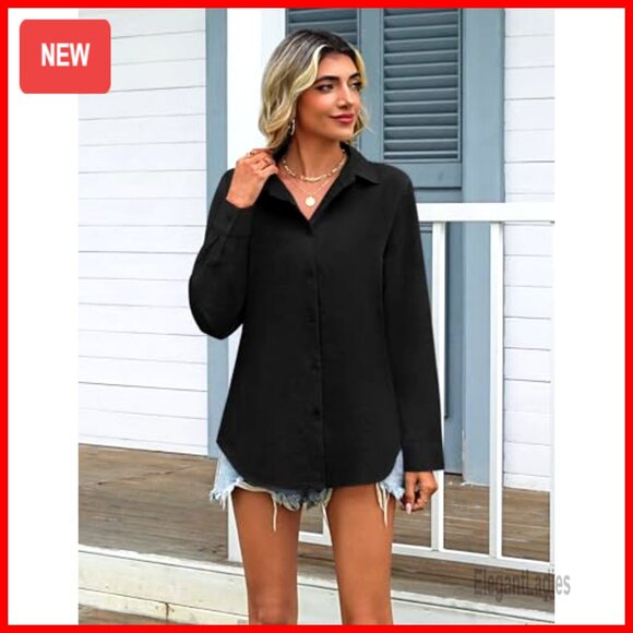 Loose Fit Cotton Linen Button Down Shirt Long Sleeve V Neck Blouse S-3XL - Picture 3 of 7